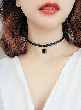 黑色皮绳项链女短款颈带锁骨链ins简约森系气质脖颈链