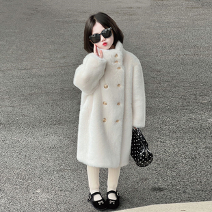 女童冬装大衣中长款2025新款皮毛一体加厚仿皮草双排扣洋气外套潮