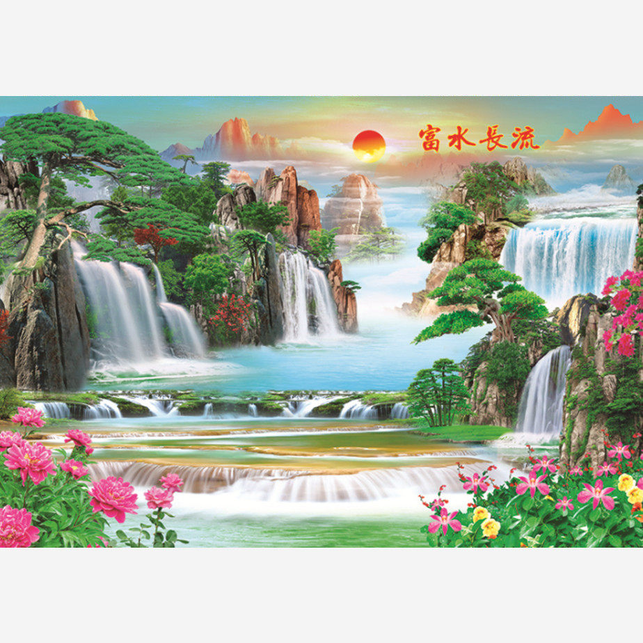风水画瀑布山水风景画客厅家居墙画年画装饰画复膜印刷贴画俩包邮