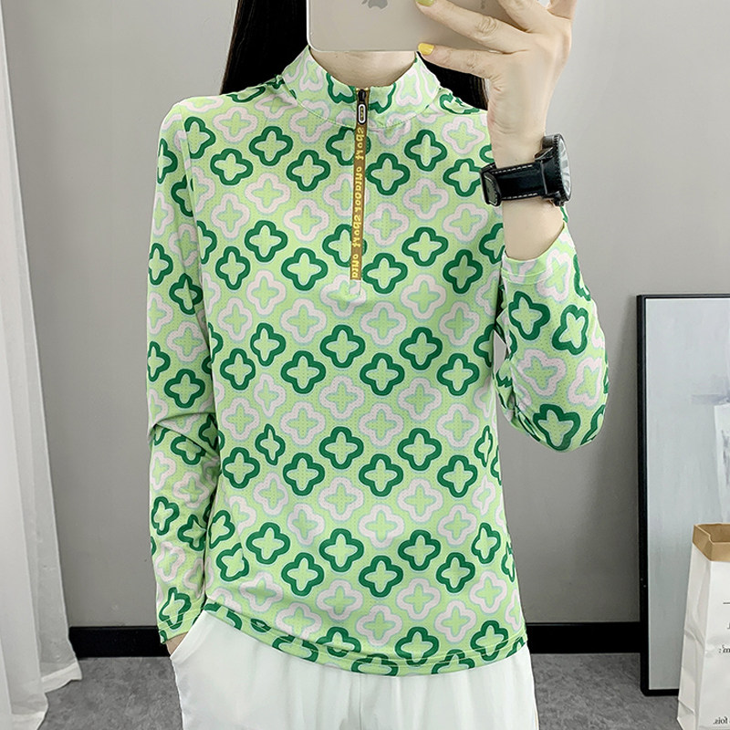 户外速干衣女式长袖春夏立领徒步运动t恤登山弹力透气印花快干T恤