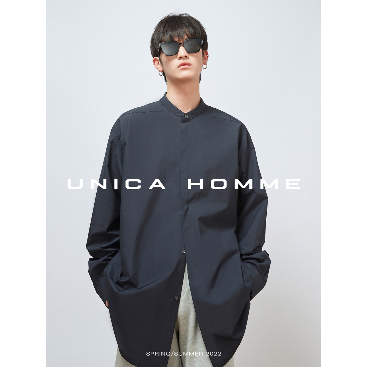 UNICA HOMME/简约高街感廓形_荃棉宽松ins潮小立领长袖衬衫男休闲