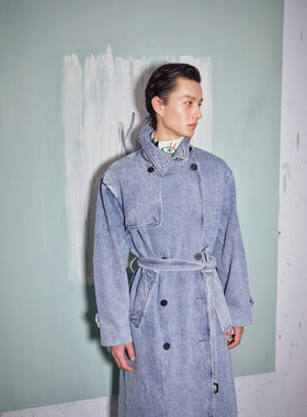 UNICA HOMME/长款腰带造型100棉牛仔风衣外套