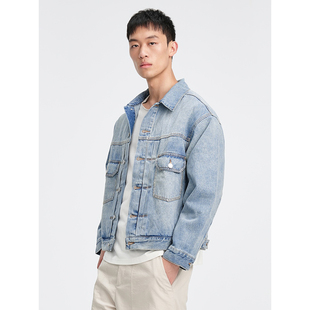 刀口褶男士 HOMME UNICA 休闲水洗牛仔夹克外套男 惊喜5折
