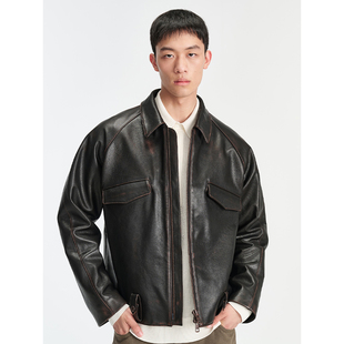 休闲皮夹克 夹克真皮美拉德男士 UNICAHOMME 做旧山羊皮皮衣男士