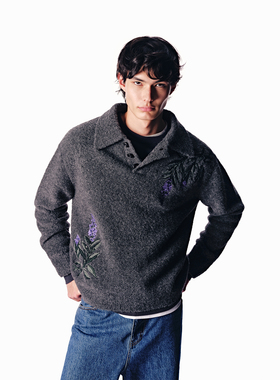 UNICAHOMME 鼠尾草绣花羊驼毛Polo领针织衫