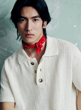 UNICA HOMME/老钱风复古绅士短袖宽松垂坠亚麻针织男士POLO衬衫