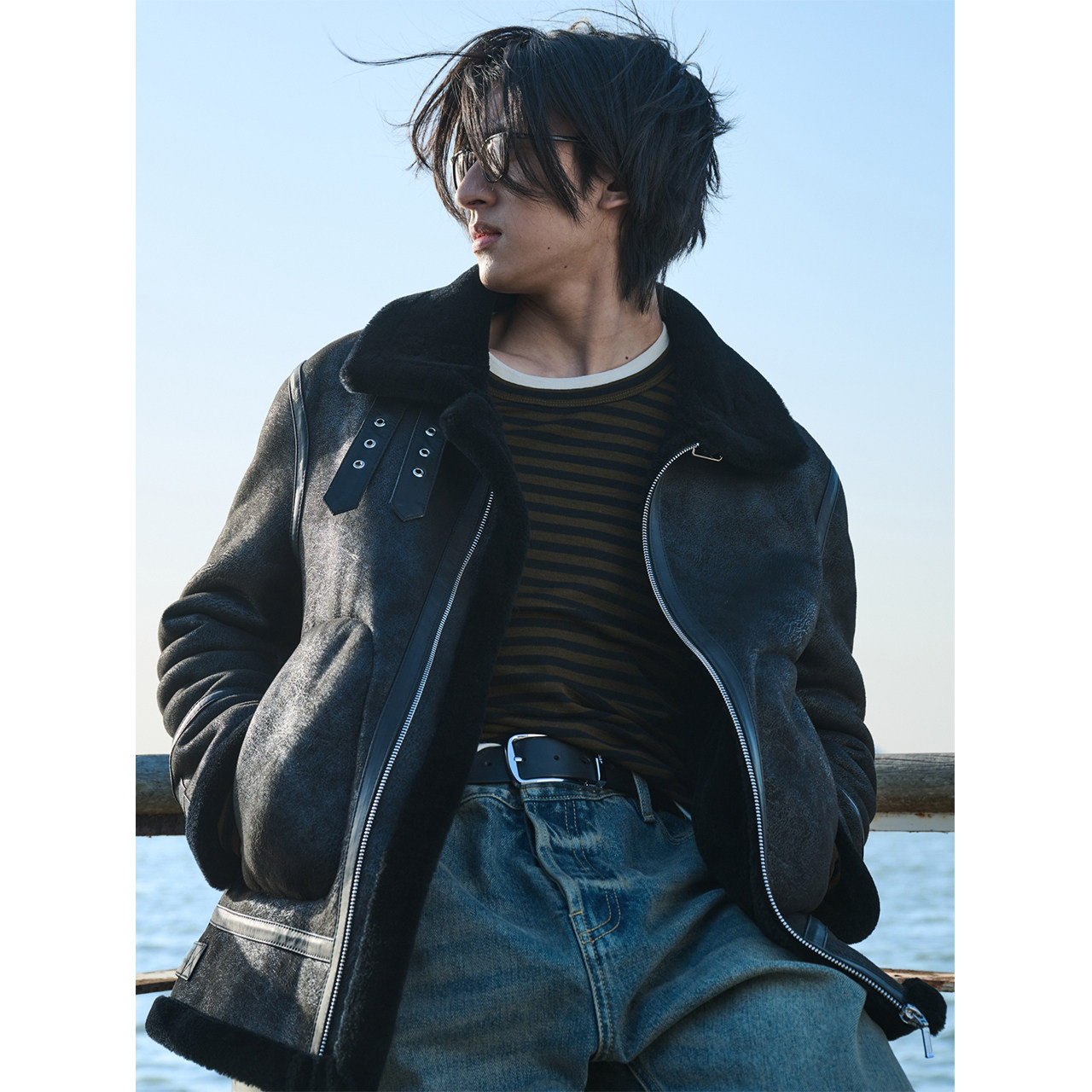 unica homme/限量订染雾灰蓝皮面_秋冬b备时髦羊毛外套翻领夹克潮