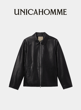 UNICAHOMME/美式机车风进口亮面小牛皮夹克复古外套