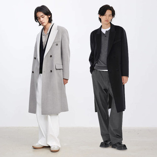 衣橱收藏级_翻领拼色毛呢外套双面羊绒大衣男中长款 UNICA HOMME