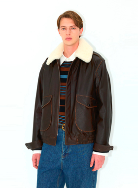 UNICAHOMME擦色牛皮革飞行夹克