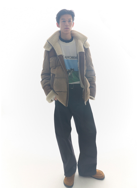 UNICAHOMME/羊羔绒皮革拼接可拆卸连帽保暖棉衣外套男