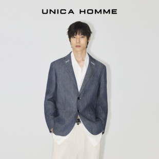 外套 伸雅低调_进口亚麻撞色线翻驳领亚麻西装 UNICA HOMME