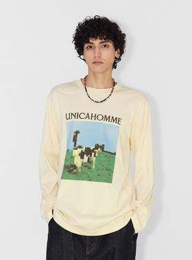 UNICAHOMME马赛克印花棉质圆领长袖T恤