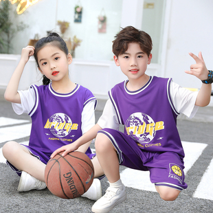 夏装 男童夏季 篮球服女童假两件中大童短袖 儿童运动速干服 套装 薄款