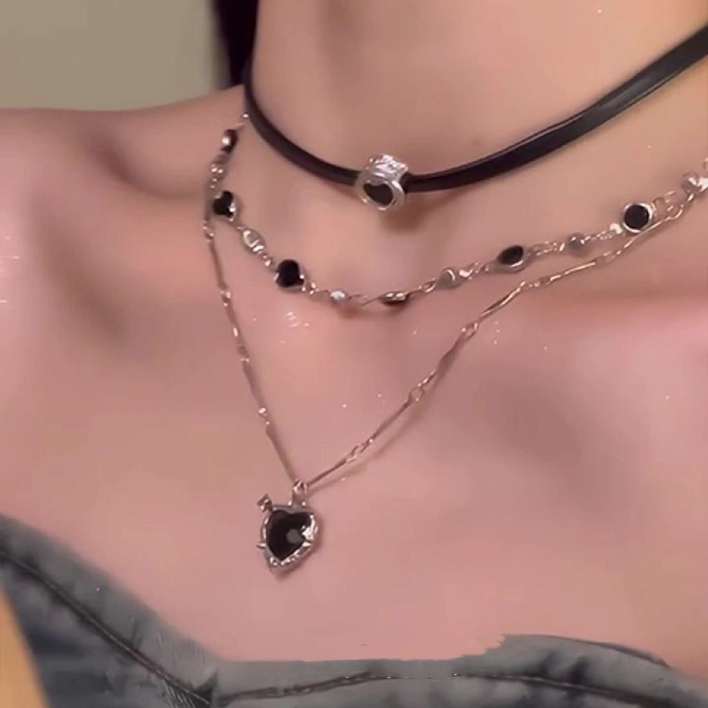 日式「黑绳甜酷心」多层叠戴项链女辣妹甜酷黑皮绳链锁骨链choker