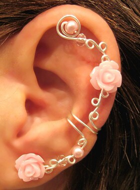 美国代购㊣Cartilage 手作小清新可爱精致珍珠玫瑰耳袖耳夹耳饰