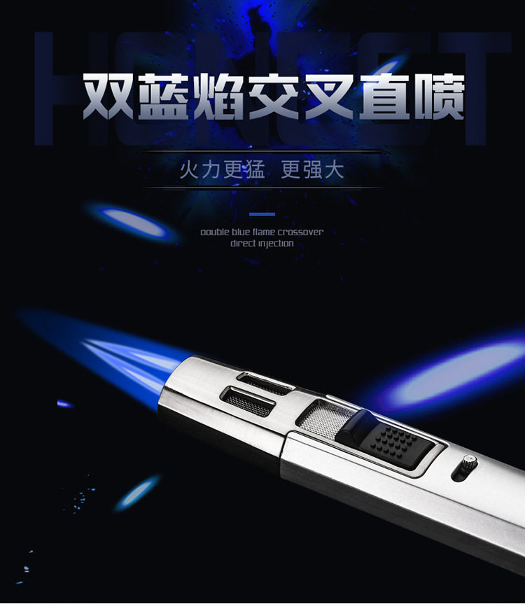 百诚猛禽笔式交叉双直冲防风蓝焰定火雪茄打火机可视气体高温喷枪