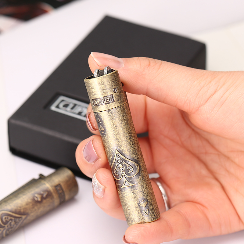 clipper可利福复古老式火石齿轮滑轮金属砂轮黑桃A打火机充气耐用