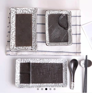 三分墨染陶瓷防碟异行不规则长方盘日韩料餐厅料理餐具黑色复古盘