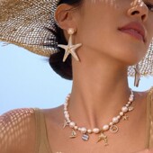 925纯银hefang海洋奇遇项链何方闪闪海星耳环海贝锁骨链耳钉饰品