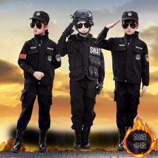 儿童警察服警套装军装角色扮演服装小军装男童加绒冬季警官服棉服
