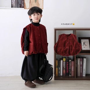 2025秋冬新款儿童复古森系灯芯绒夹棉加厚马甲日系男女童坎肩背心