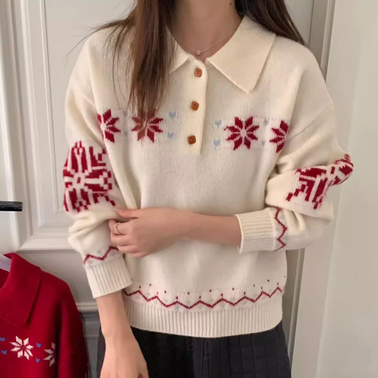 【100%羊毛】提花翻领毛衣女2025秋冬新款宽松百搭针织羊毛衫CC