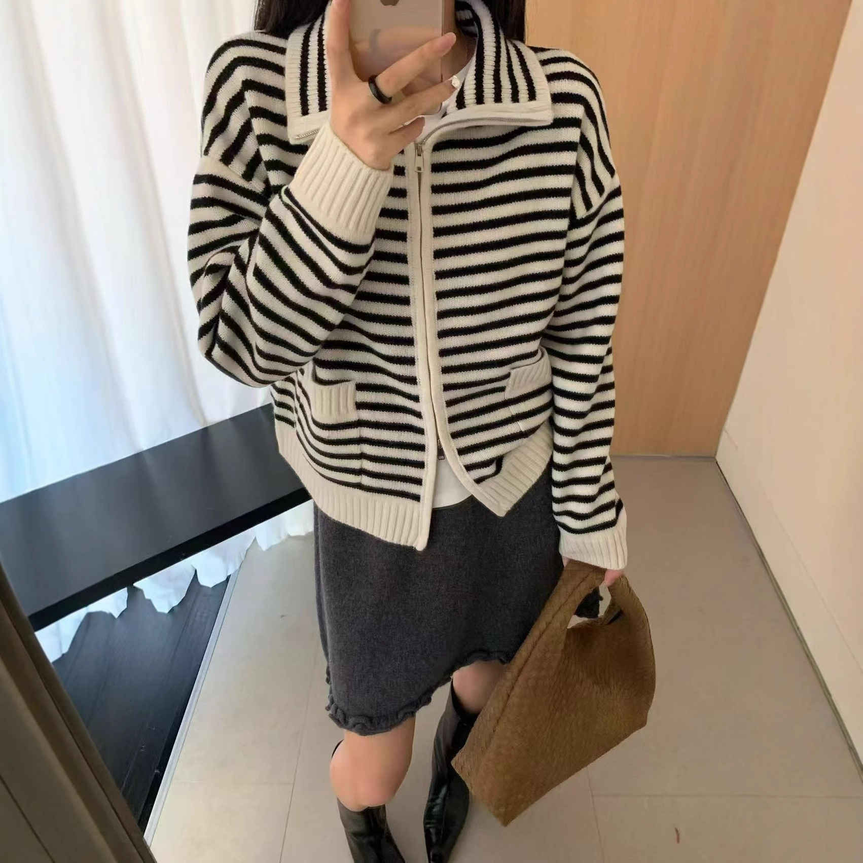 全羊毛100%针织衫女2025新款可翻领条纹双拉链保暖厚实毛衣外套HR