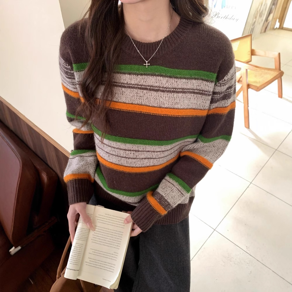 CC2025新款超好看羊毛衫女冬时尚百搭显瘦圆领长袖拼色休闲毛衣女