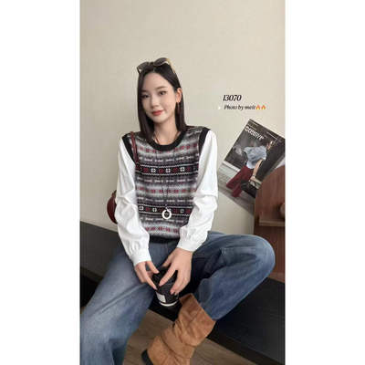 复古提花圆领高级感马甲假两件毛衣女2025秋冬新款针织衫上衣女HR