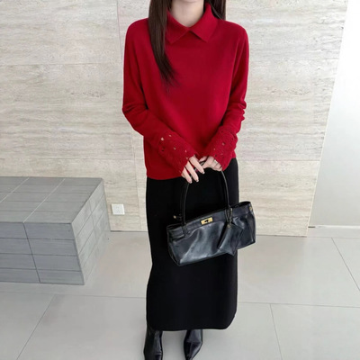 HR100%羊毛翻领秋冬季2025新款气质百搭宽松可外穿内搭毛衣女上衣