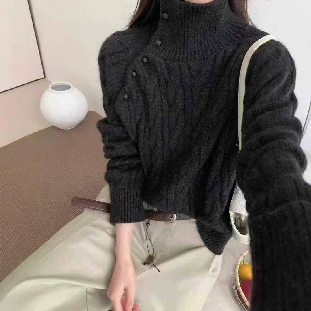 斜开扣高领套头毛衣女冬季新款时尚气质可翻领麻花纯色加厚针织KJ