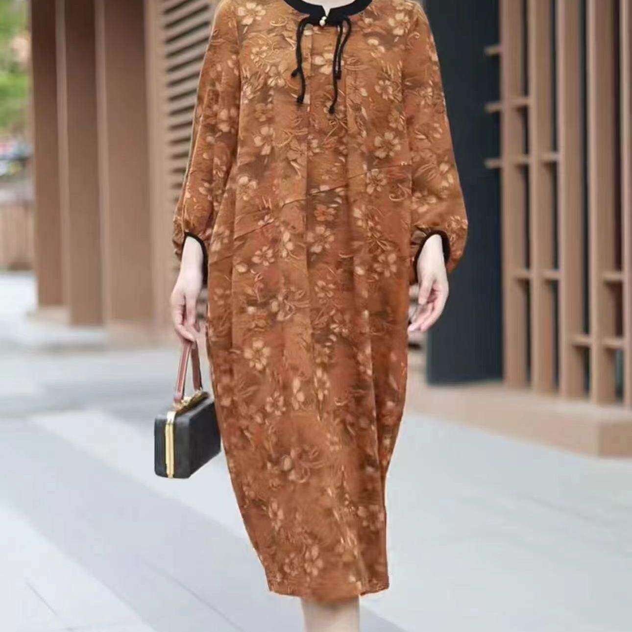 秋冬新款羊毛桑蚕丝年轻女连衣裙中年妈妈洋气宽松碎花新中式国风