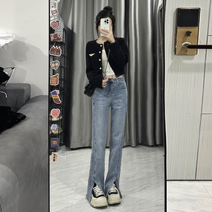 开叉微喇牛仔裤女秋冬新款胖妹妹mm高腰宽松显瘦梨形身材直筒裤子