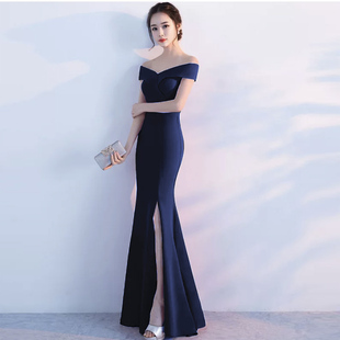 藏青色一字领抹胸开叉长款 聚会年会成人礼小众连衣裙 晚礼服女法式