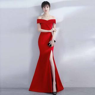 红色敬酒服女2020结婚礼服正式场合高贵优雅长款一字肩鱼尾连衣裙