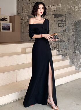轻奢一字肩黑色鱼尾晚礼服女长裙高级感气质日常宴会主持人连衣裙