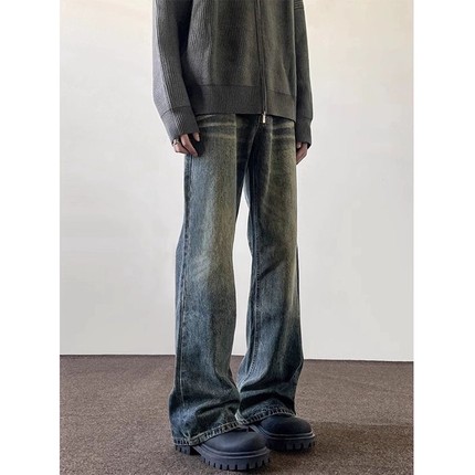 日式高街水洗做旧牛仔裤男美式复古cleanfit微喇裤潮牌直筒显瘦长