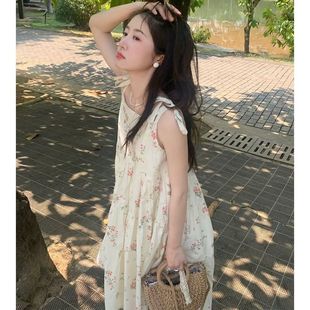 欧式 A字裙长 小清新甜美碎花吊带连衣裙女学生春夏季 宽松遮肉无袖