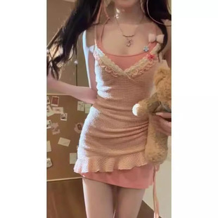 日系甜美纯欲少女蕾丝花边抽绳显瘦不规则吊带裙叠穿连衣裙女 欧式