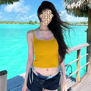 网红方圆同款性感辣妹外穿橘色吊带背心内搭修身别致无袖上衣服