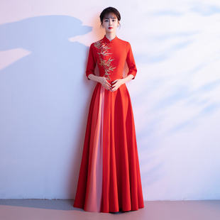 新款大合唱团演出服女长裙红色歌唱朗诵服主持宴会晚礼服表演服装