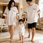 小狗纯棉刺绣T恤短袖 一家三口全家装 哈衣婴儿爬服上衣 夏季 亲子装