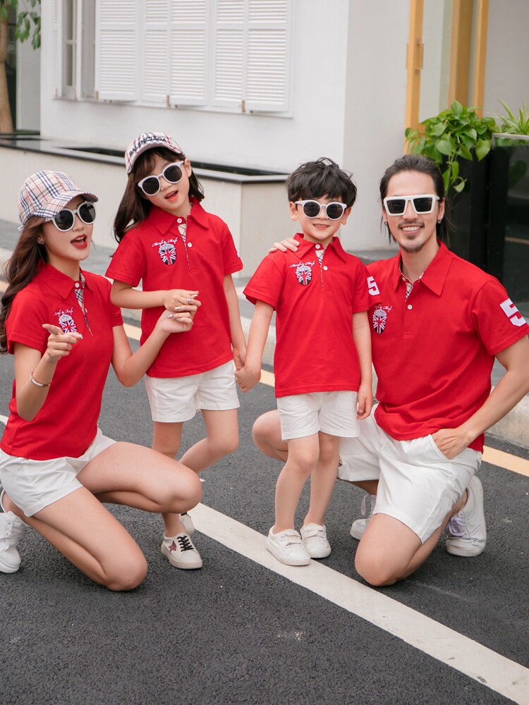 亲子装夏装网红新款潮一家三口四口红色polo洋气T恤母女款母子装