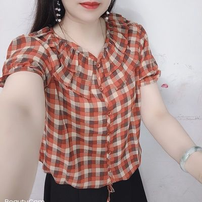 2025娃娃领格子衬衫夏季新款短袖洋气百搭复古时尚宽松减龄上衣女