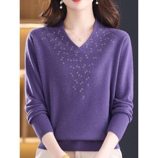 100%山羊绒洋气中年妈妈V领毛衣女秋冬大码纯色针织衫女镶钻上衣
