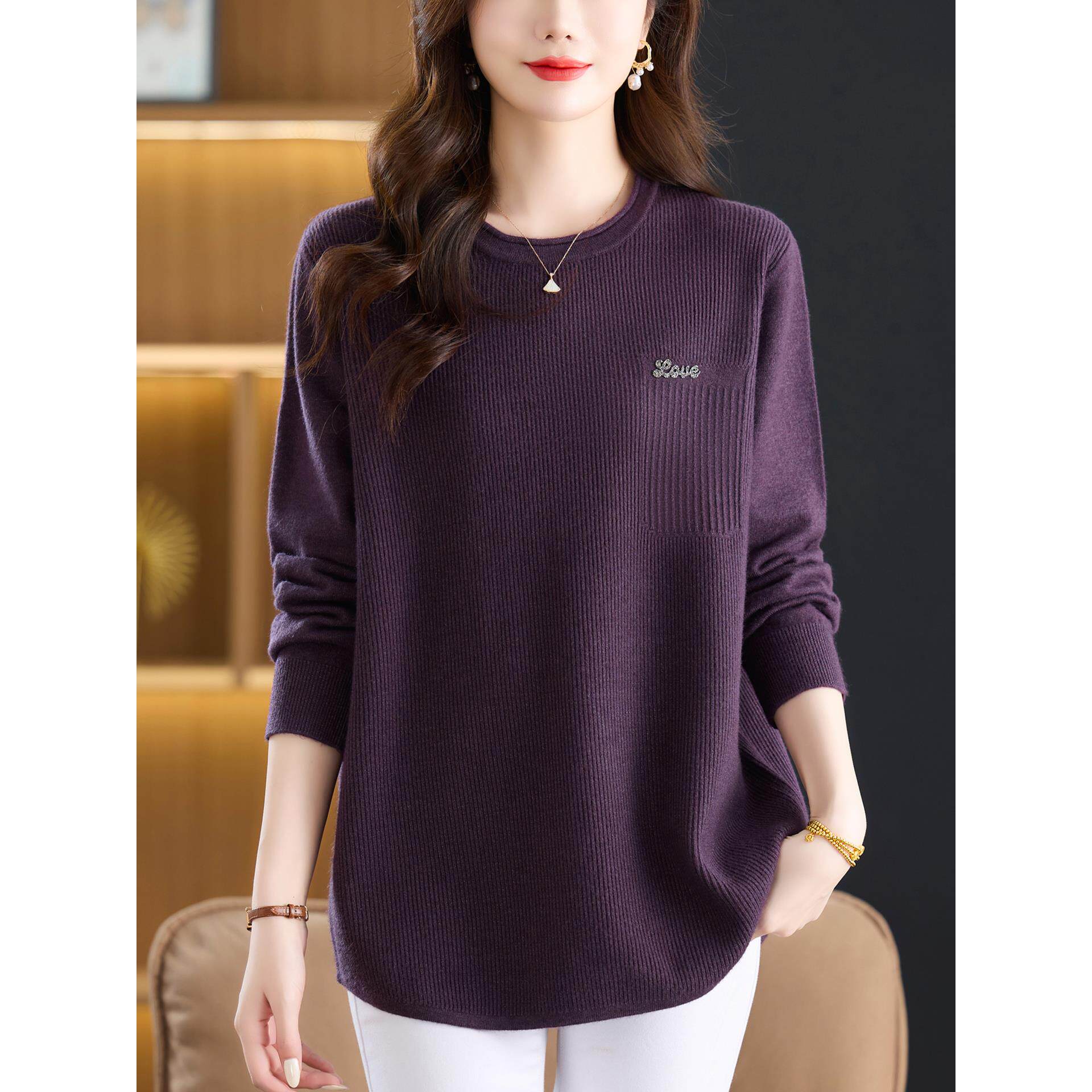 胖妈妈秋冬中长款针织衫女宽松加大码休闲毛衣内搭打底纯色羊毛衫
