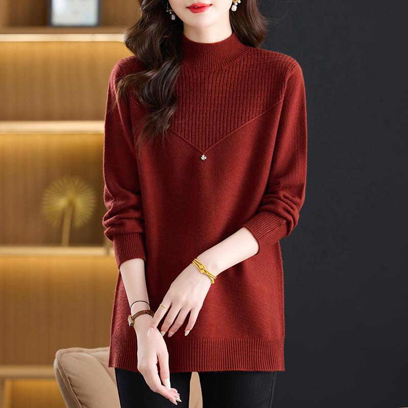 半高领羊毛衫绣花毛衣女秋冬中长款打底衫毛衣裙宽松大码女装妈妈