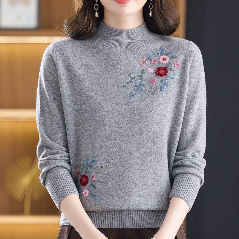 大码中年妈妈100%羊绒毛衣女绣花秋冬半高领针织衫女长袖上衣短款,女装/女士精品,羊绒衫,淘宝优惠券,粉丝福利购,淘宝优惠卷