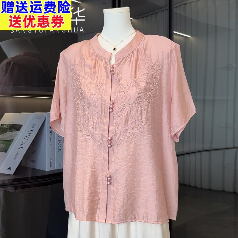 妈妈短袖新款衬衫大尺码棉麻上衣衬衫高端中老年女装夏季母亲节套